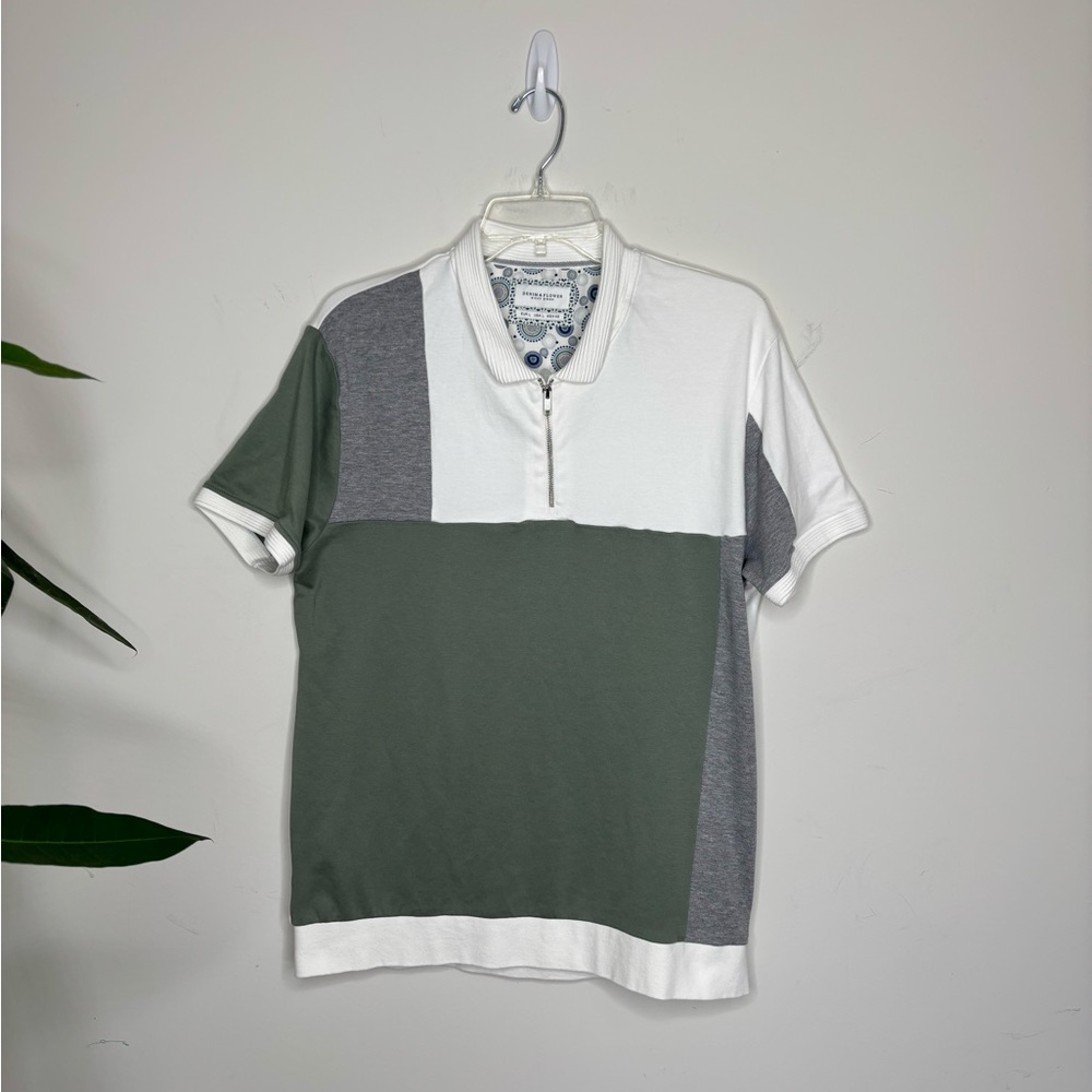 BN6 Denim & Flower Color Block Polo White Gray Olive‎ Green Men’s Shirt Large